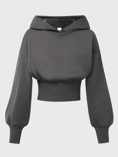 SHEIN Girlism Sudadera corta de estilo casual y urbano de color gris oscuro para niña preadolescente, sudadera de manga larga de cintura alta de unicolor minimalista y versátil, sudadera corta gris para volver al colegio en otoño/invierno