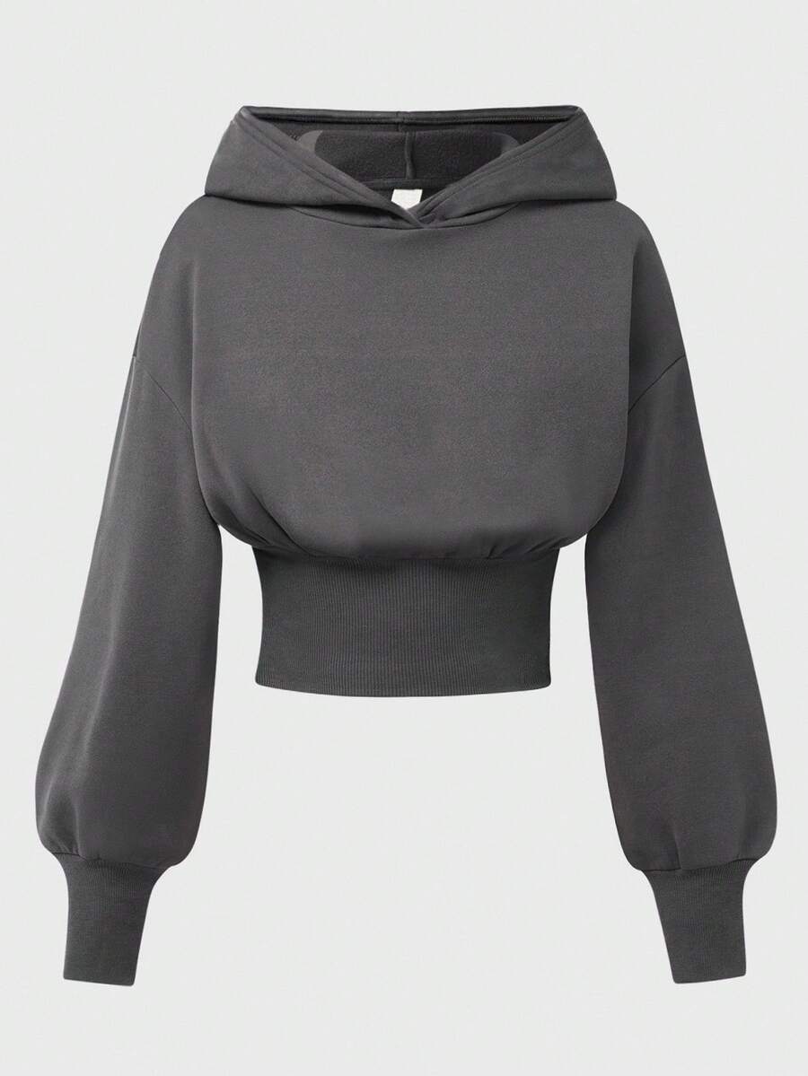 SHEIN Girlism 少女休闲街头风深灰色短款卫衣,高腰长袖百搭简约纯色套头卫衣,返校季灰色短款卫衣,秋冬季 - 深灰色 - 查看 1