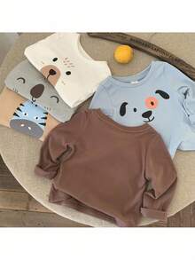 Set de 5 piezas de tops casuales para bebé niño con cuello redondo, de punto, de unicolor y con diseño de animales lindos