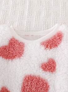 SHEIN Bộ đồ ngủ in hình trái tim bằng vải lông cừu ấm áp 2 món, áo choàng ngủ dễ thương cho nữ, mùa thu/đông - Màu Hồng baby - Xem 6