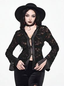 ROMWE EDITION Gothic Palace Castle Flocked Semi-Sheer Fitted Blouse For Women - Black - View 1