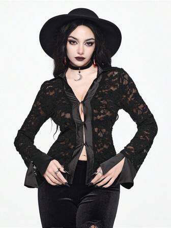 EDITION Gotischer Palast Schloss Flockenmuster Halb-transparente Passform Bluse für Frauen