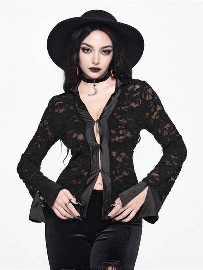 EDITION Blusa aderente semi-trasparente con motivo floccato a tema gotico-castello per donne