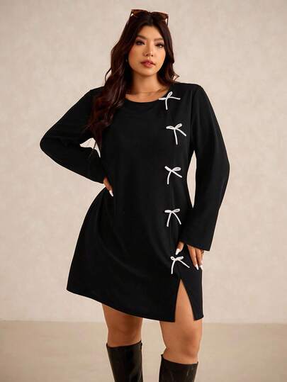 Elaquor 大码优雅基本款都市时尚长袖蝴蝶结紧身连衣裙，圆领，秋季