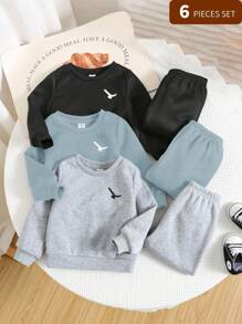 SHEIN 6pcs/Set Infant Baby Boy&Girl All-Match Hooded Sweatshirt And Loose Fit Jogger Pants Set, Blue, Dark Gray, Black, Casual For Autumn/Winter, Suitable For Home And Outdoor - Blue - View 9