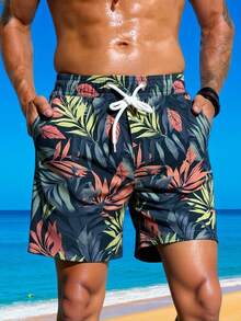 Manfinity Swimmode Men's Plant Print Drawstring Waist Pocket Casual Beach Shorts Men Beachwear Men Floral Swim Trunks Men Swim Trunks Mens Swim Shorts Tropical Swim Trunks Men Swim Trunk Matching Plus Size Men Beach Shorts - Dark Green - View 5