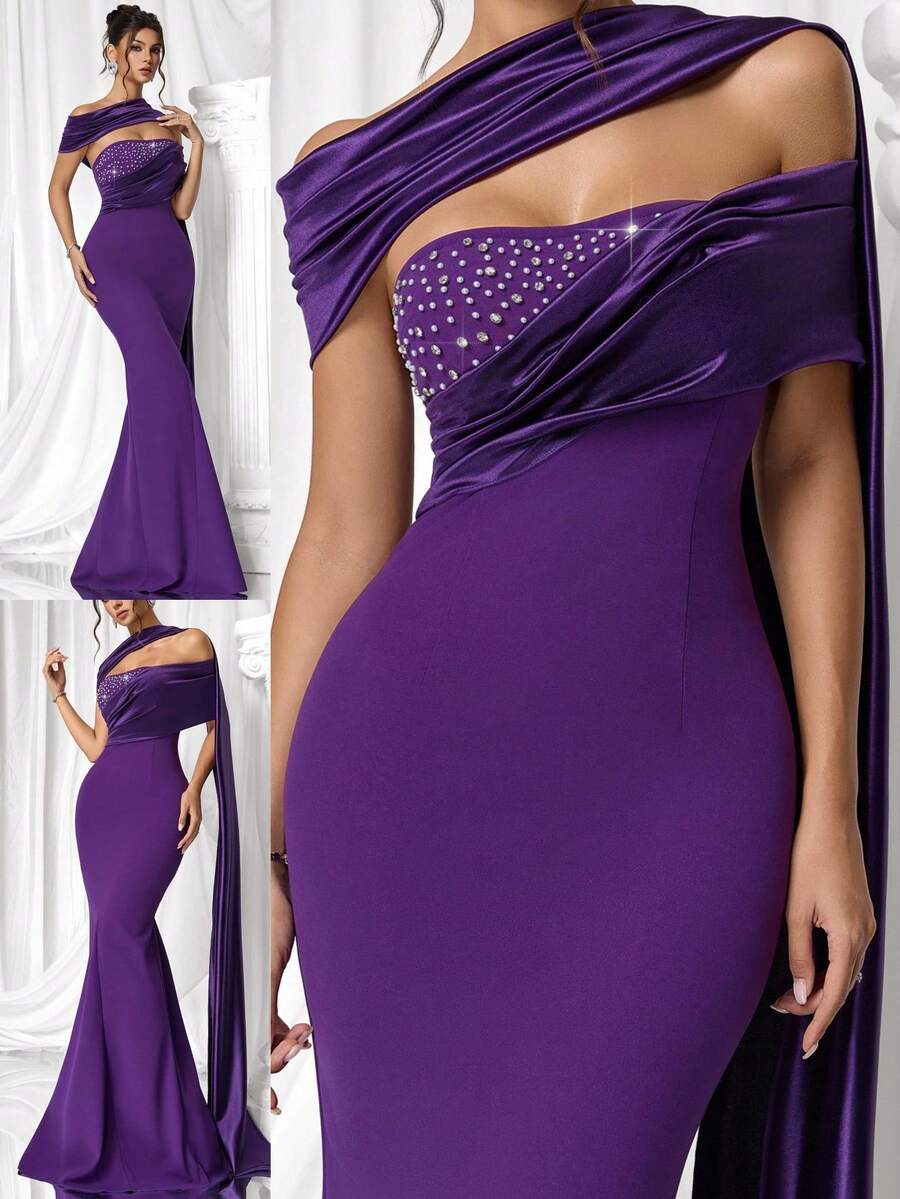 Coutiva Women's Rhinestone Decorated Mermaid Formal Evening Gown - Dark Purple - View 1