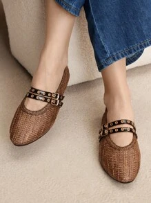 Rosivie 2025年手工编织小众时尚女鞋，新款双扣芭蕾平底鞋 - 咖啡棕 - 查看 3