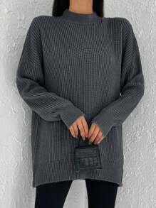 Cloudara Suéter De Hombros Caídos Con Cuello Alto De Color Liso - Gris - Ver 3