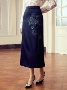 ZEYLAH Jupe élégante de navetteur bleue avec broderie de sequins - Bleu marine - Voir 5