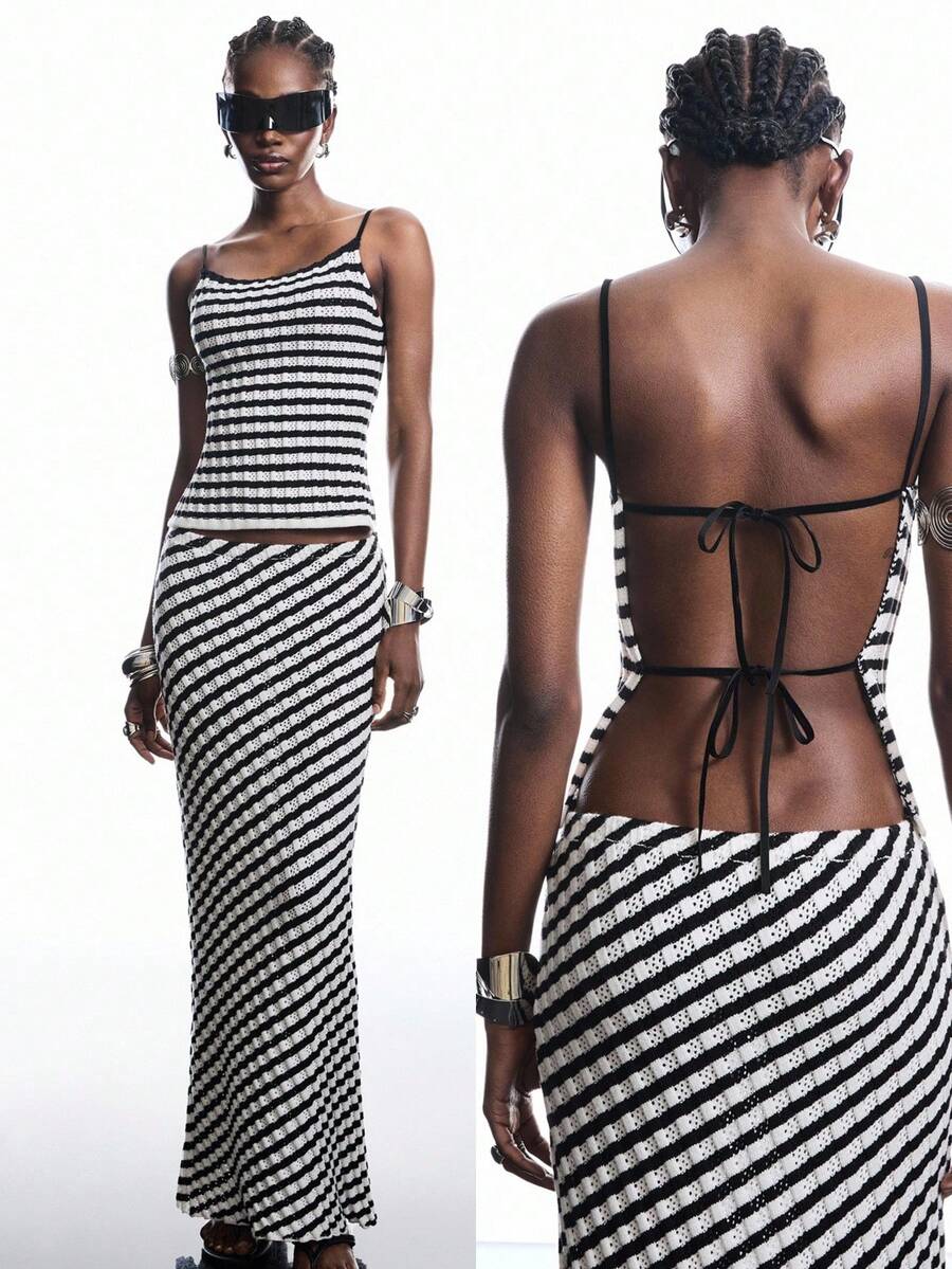 LYSMO 2025 New Arrive Minimalism Fall  Women's Casual 2 Pieces Set: Striped Knit Camisole Top & Knitted Blend Mini Skirt