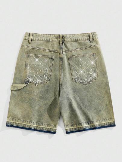 Street Life Men's Summer Fashion Street Patchwork Print Rhinestone Embellished Denim Shorts