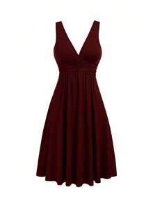 DreamSkyne Plus Size Black V-Neck Waist Pleated Knit Dress - Burgundy - View 4