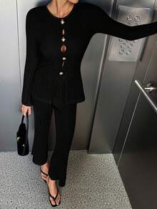 Siren Gaze 2pcs Women's Autumn Metal Single-Breasted Split Hem Long Sleeve Top And Pants Set Winter Black Casual - Black - View 7