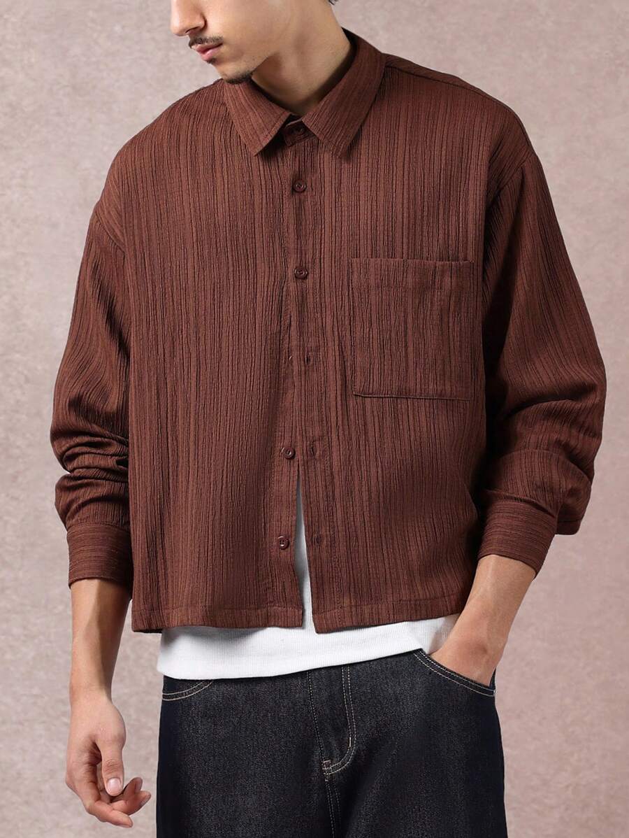 SUMWON Cămașă texturată cu mânecă lungă și nasturi, croială lejeră, cămașă casual de toamnă și iarnă cu guler, stil retro de bază, cu umeri căzuți, simplu - Maro - Vizualizare 1