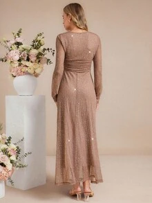 Amorya 女士方领长袖亮片针织修身优雅中长连衣裙，灰色/粉色，适合日常穿着、派对、春夏季 - 粉色 - 查看 10