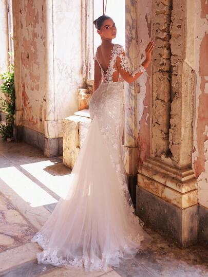 Glamrae Elegant Lyxig Broderad Spets Applikation Transparent Långärmad Sjöjungfruklänning Med Släp, Lämplig För Bröllop, Evenemang, Möhippa, Semestrar, Galor, Smekmånader, Brudklänningar