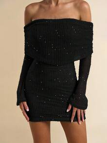 SHEIN BAE 薄荷绿钩针露肩镂空迷你裙、度假沙滩裙、精致钩针裙、早午餐裙、优雅连衣裙、太阳裙 - 黑色 - 查看 5