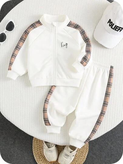 SHEIN Unisex Baby Plaid Long Sleeve Zip-Up Jacket And Pants Set, Cute Casual Outfit Suitable For Indoor, Outdoor, Daily, Sports, Play, Party, Photo Shoot, Holiday, Festival, Rave In Autumn/Winter Season Fall