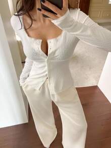 DAZY 提花针织上衣和纯色睡裤女士睡衣套装，秋季服装 - 白色 - 查看 1