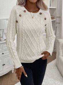 EMERY ROSE Suéter de punto de cable con detalle de botones y mangas raglán de unicolor simple para uso diario casual de mujer, otoño/invierno - Albaricoque - Ver 3