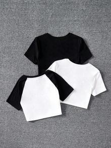 SHEIN Gestricktes T-Shirt mit einfarbigem & bedrucktem Muster und Flickwerk T-Shirt Set für Teenager Mädchen (3 Stücke)