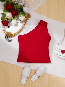 Tween Girl Elegant Off-Shoulder Solid Color Sleeveless Tank Top For Summer With 3d Flower Decoration - Red - View 2