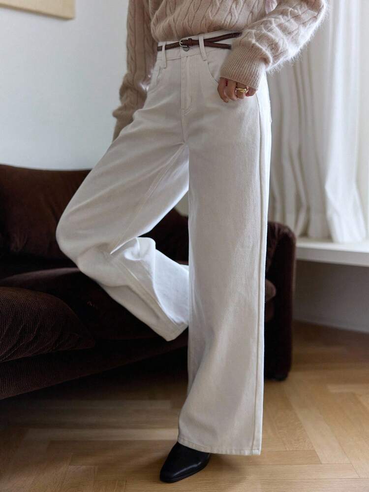 Women's Casual Straight Leg Jeans, Solid Color White, Loose Fit, Suitable For Office Wear, Minimalist Style, Suitable For Autumn, Winter, Spring And Summer Business Casual Woman