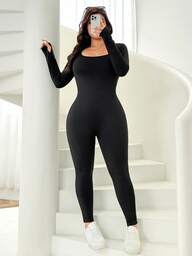 Solflare Plus Size Thermal Knitted Jumpsuit, Autumn/Winter Long Sleeve Jumpsuit Bodycon Jumpsuit Black Catsuit Black Body Suit