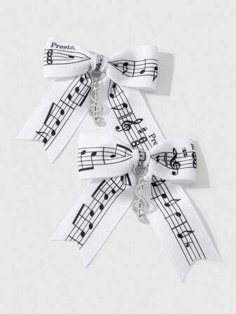 Kawaii 2pcs Minimalist Versatile Vintage Chic High-Quality Black & White Musical Note & Bowknot Pendant DIY Hair Clip, Side Clip Combo Set, Suitable For Women, Girls, Daily Wear, Holiday Gift