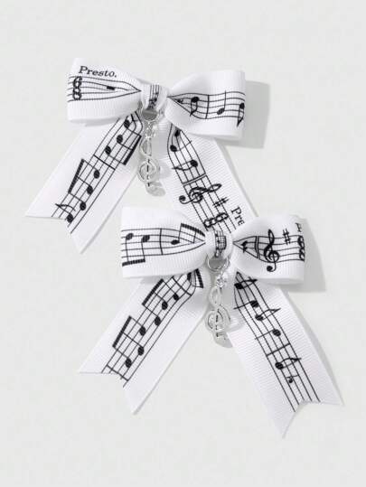 Kawaii 2pcs Minimalist Versatile Vintage Chic High-Quality Black & White Musical Note & Bowknot Pendant DIY Hair Clip, Side Clip Combo Set, Suitable For Women, Girls, Daily Wear, Holiday Gift