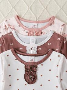 6 件套女婴长袖睡衣套装，可爱心形、花卉、蝴蝶结印花图案家居服 - 彩色 - 查看 4