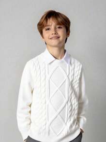 SHEIN 1 Piece Tween Boy Casual Sports College Art Retro Round Neck Sweater With Thick Twist Texture Suitable For Kids Outfits Toddler Boy Clothes Back To School Boys Set Suitable For Birthday Parties, Evening Parties, Performances, Weddings, Baptisms, Opening Ceremonies Daily Suitable For Daily Use Suitable For School Suitable For Travel Suitable For Sports Suitable For Autumn And Winter Winter Tops White Sweaters Winter Clothes Boys First Day Of School Kids Boy Fall