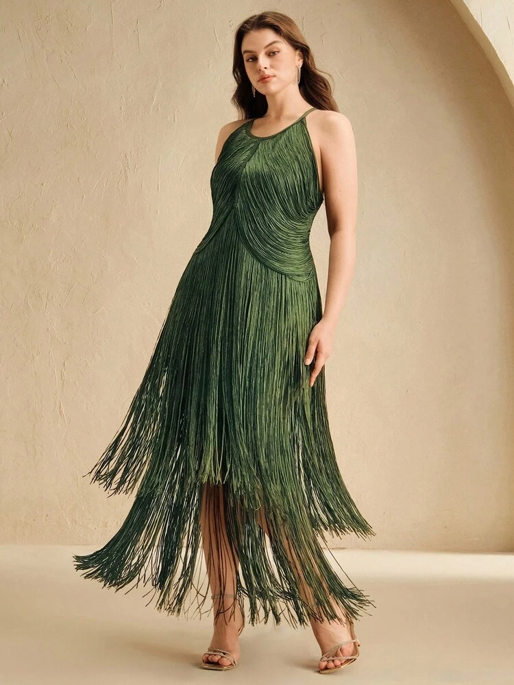 Christmas Limited Edition Plus Size Women's Green Tassel Bandage Dress, Elegant Fitted Slimming High-End Party Maxi Dress