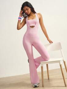 VARSIVA 女式撞色滚边镂空后背无袖运动连体裤瑜伽连体裤普拉提连体裤喇叭裤粉色连体裤 - 彩色 - 查看 9