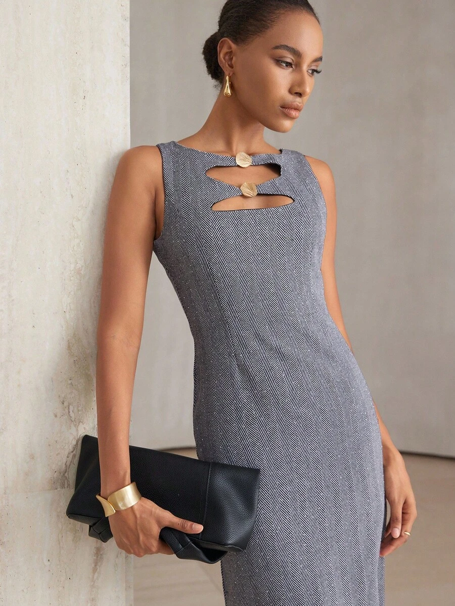 Aveloria Modichic Vestido Feminino de Moda com Estampa Espinha de Peixe, Decoração de Concha Metálica, Decote Vazado, Sem Mangas, Comprimento Até o Joelho - Cinza - Visão 1