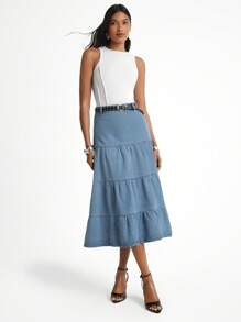Daynim Saia Denim com Bainha Franzida Sem Cinto - Azul - Visão 3