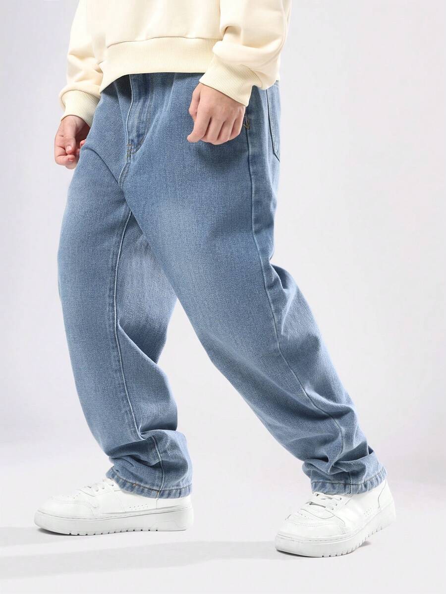SUMWON 青少年男孩宽松牛仔裤阔腿牛仔裤复古水洗经典宽松剪裁下装日常休闲街头服饰秋冬 - 中等水洗藍 - 查看 1