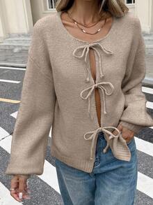 Serisse Áo khoác cardigan dài tay trễ vai màu trơn buộc dây phía trước thường ngày cho nữ, mùa thu/đông - Lạc đà - Xem 4