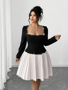 Elenzga Never Out Of Style: Gothic Prep With A Wednesday Twist. Embrace Your Inner Shadow Dark Feminine Fashion. Plus Size Women's Knitted Long Sleeve Plus Size Collar Bubble Bead Decor Vintage Elegant Pleated Midi Dress Fall Cloth For Women - Multicolor - View 1