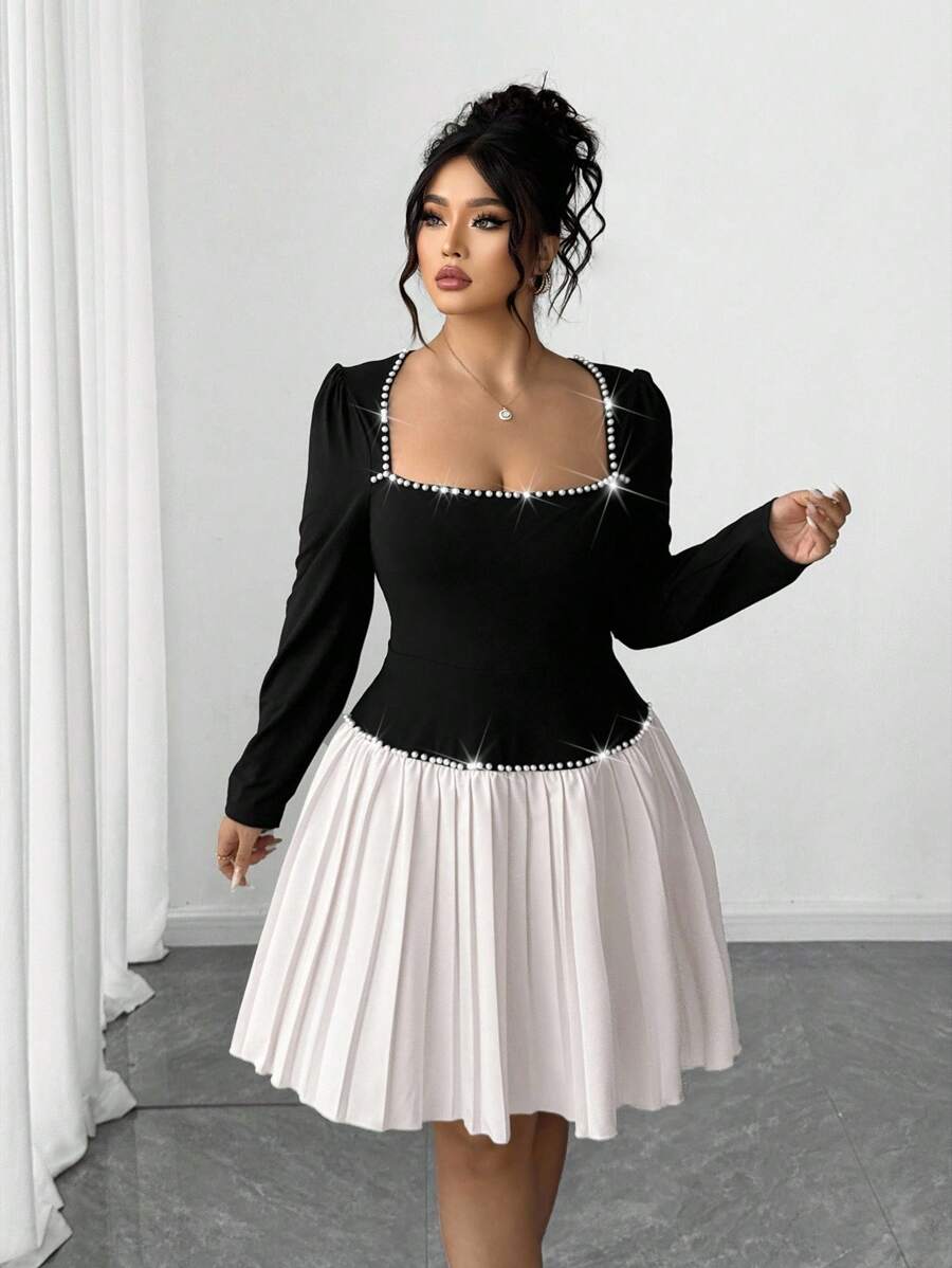 Elenzga Never Out Of Style: Gothic Prep With A Wednesday Twist. Embrace Your Inner Shadow Dark Feminine Fashion. Plus Size Women's Knitted Long Sleeve Plus Size Collar Bubble Bead Decor Vintage Elegant Pleated Midi Dress Fall Cloth For Women - Multicolor - View 1