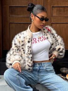 Muchica 女式豹纹立领仿皮草大衣，秋冬，动物印花 Y2k 大衣，秋季 - 卡其色 - 查看 8