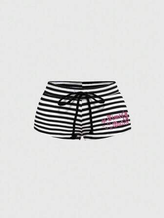 Short femme taille basse style punk Y2K, rayures noires et grises, imprimé pentagramme et lettres avec strass