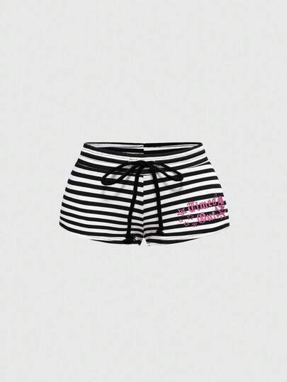 Short femme taille basse style punk Y2K, rayures noires et grises, imprimé pentagramme et lettres avec strass