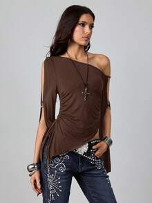 ROMWE Hippie 复古不对称肩部收腰喇叭袖休闲蝙蝠翼女式 T 恤 - 棕色 - 查看 3