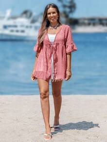 Sylviya 女士纯色腰带荷叶袖度假衬衫