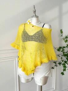 Comfortcana Plus Size Women's Yellow Ruffled Hem Semi-Sheer Casual Crochet Poncho For Summer And Autumn Outings & Dates
