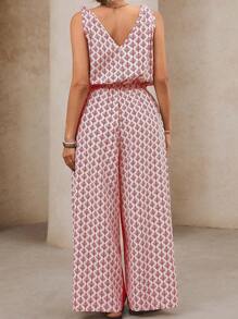 SHEIN VCAY Plus Size Women's All-Over Print Button Design Pocketed Wide Leg Jumpsuit, Suitable For Vacation - Red - View 2