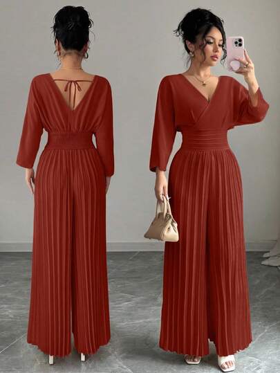 Rafferiza Mono holgado de estilo elegante y casual para vacaciones con espalda descubierta, cintura con lazo y bajo plisado, para primavera/otoño