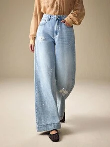 SHEIN Frenchy Damen Lässig Everyday Verwaschen Schrägtasche Destroyed Gerade Bein Jeans - Blau - Übersicht 3